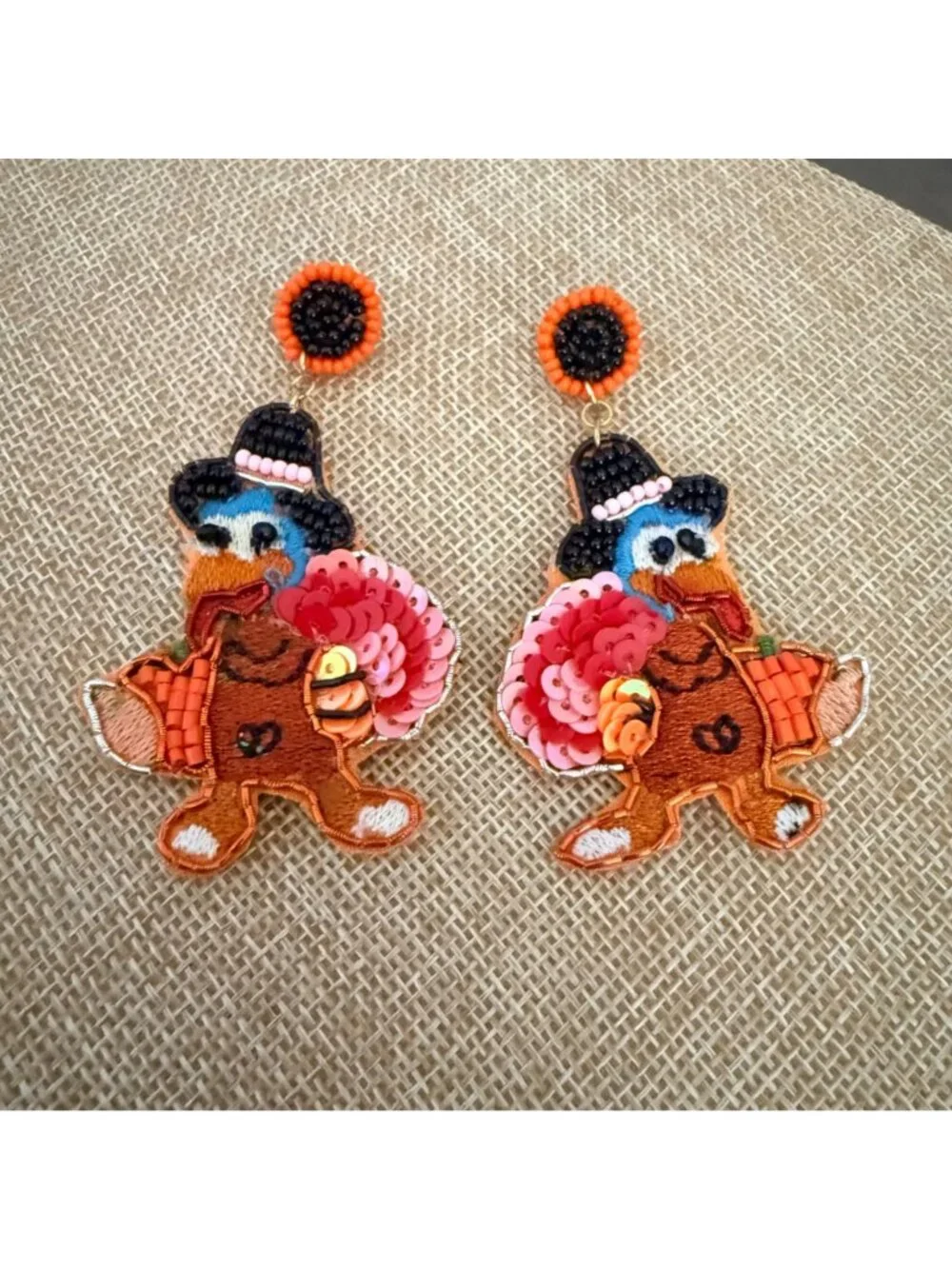 Artisan Handmade Thanksgiving Turkey Earrings Seed Beaded Fall Statement Dangle